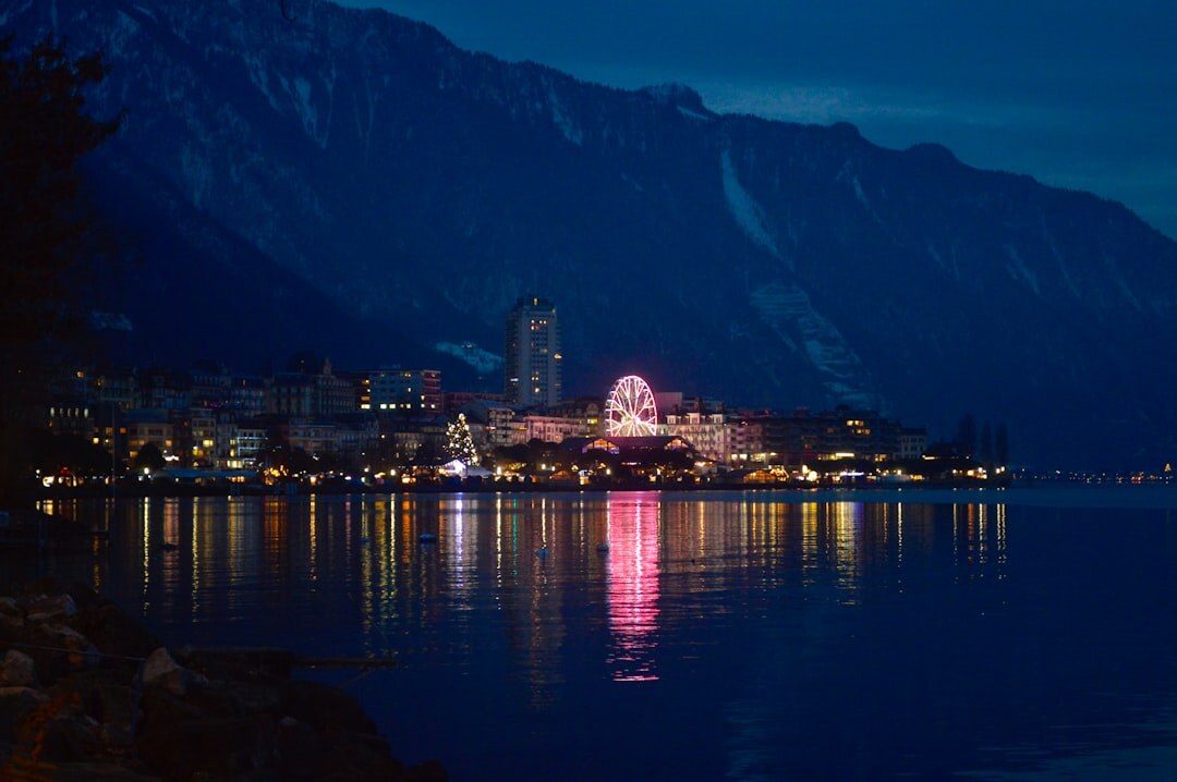 Stage and lighting equipment set up for an evening music event in Montreux